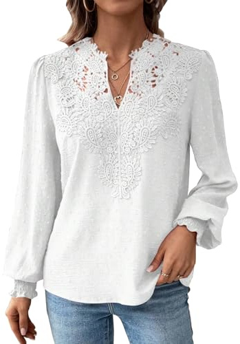 MINTLIMIT Womens Blouses Long Sleeve V Neck Lace Crochet Tops Dressy Casual Swiss Dot Pullover Top Elegant Blouse Shirt