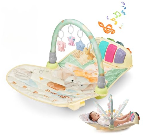 Baby Play Gym Mat with Multifunction Piano Music Box, Rocking Egg-Shaped Baby Activity Gym, Baby mat for floor with 4 Hanging Sensory Baby Toys, Early Sensory Development Play Mat for Infant & Newborn