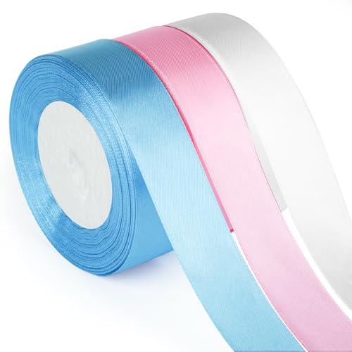 ASTARON Cinta de satén para manualidades de 2.5 cm, color rosa y azul, ideal para envolver regalos, ramos, lazos para el pelo, cumpleaños, bodas, baby showers, fiestas de revelación de género.
