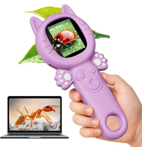 HUTACT Microscopio Digital Portátil para Niños: Lupa Portátil 500X con Cámara de Pantalla de 2 Pulgadas - Regalo de Cumpleaños para Niñas de 3 a 12 Años con Tarjeta de Memoria de 32 GB (Morado)