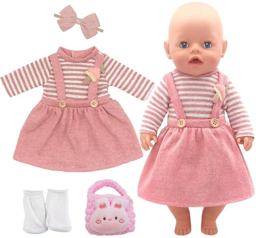Xerteam Puppenkleidung 35-45 cm für Baby Puppen, Puppenkleidung für 14-17 Zoll Puppen, Süßes und Niedliches Puppenkleider, Strapskleid, Haarband, Zufällige Rosa Hasentasche, Socken (Rosa)