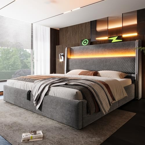 Lit 180x200 avec Sommier LED et USB Type-C, Lit coffre avec tête de haute et bordure métallique, Double avec hydraulique et à Lattes, Crade de Rembourré en bois massif et Lin Gris(Sans Matelas)