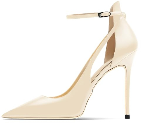 Wtharosa Zapatos de Corte Mujer con Punta Afilada Tacones de Aguja y Tira al Tobillo Cuero Granulado 10cm Tacones Altos para Boda de Novia y Recepción Nocturna,Nude,41 EU
