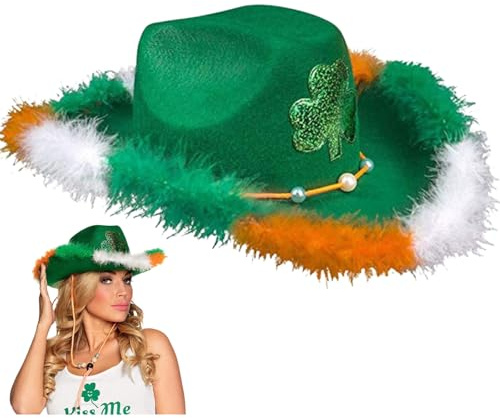 St. Patrick’s Day Cowboy Hat for Women UK Green Cowboy Hat Irish Hats with Feather Trim Ladies Glitter Headwear St. Patrick’s Day Accessories for Fancy Dress Carnival Party One Size