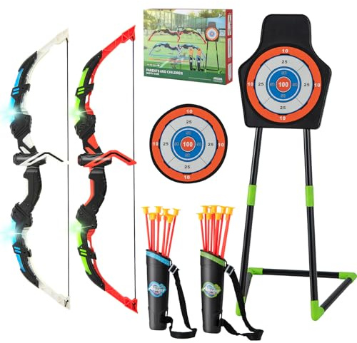 SPOTRAVEL Kids Bow and Arrow Set, 2 Pack LED Light Up Archery Toy Set with 20 Suction Cup Arrows, 2 Quivers & Detachable Standing Target, Indoor Outdoor Shooting Game Gift for Boys Girls Ages 3+