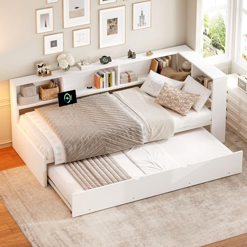 Besbed Single Bed Daybed Frame, 3ft Platform Bed with Bookcase and Storage Cupboard, Wooden Sofa Bed with Pull Out Trundle & Charging-Station, White, 90x190 cm (No Mattress)