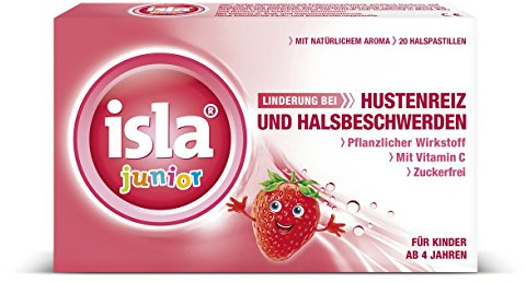 isla Junior Lot de 5 paquets de 20 pastilles pour la gorge - L'ingrédient actif végétal agit en cas d'irritation de la toux et de maux de gorge - Convient aux enfants à partir de 4 ans - Vitamine C