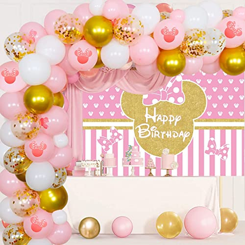 DASIAUTOEM Minnie Luftballons, Minnie Mouse Themed Ballon Girlande Arch Kit Rosa Gold Minnie Foto Hintergrund, Geburtstagsdeko für Mädchen Weihnachten Party Dekorationen