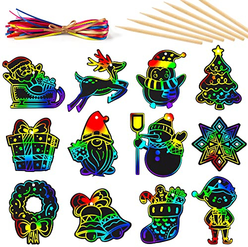 Mocoosy 48 Pcs Christmas Scratch Art Ornaments, Christmas Crafts Kit Bulk for Kids Stocking Stuffers, Rainbow Magic Scratch Paper Cards Xmas DIY Hanging Ornaments for Winter Holiday Decorations