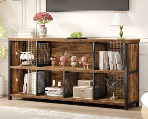 LVB Rustic Brown Bookcase, Wooden Standing Open Bookshelf, Cube Shelf with 2 Levels, Display Cabinet with 8 Open Compartments, Standing Shelf for Living Room, Office, Study, 160 x 34 x 76 CM | Bookcase Cube Storage Organizer, Wide Large Metal Office Shelf, Farmhouse Low Long Book Shelf for Home Bedroom Living Room