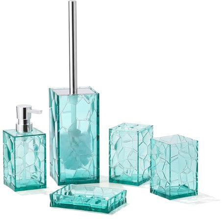 Set di accessori da bagno in acrilico trasparente, antiruggine, design trasparente, include dispenser di sapone, portaspazzolino, tazza, portasapone e scopino per WC, 5 pezzi (blu foglia di tè)