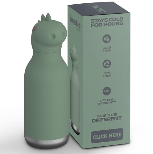ASOBU Bestie Kindertrinkflasche mit Strohhalm – Isolierte Edelstahlflasche 420ml mit Dino-Kopf – Auslaufsicher & BPA-frei