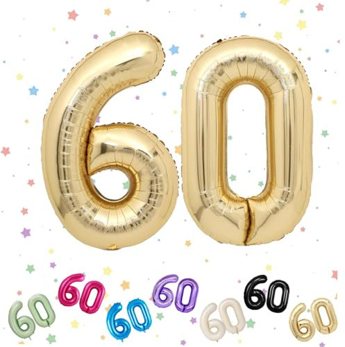 Palloncini Compleanno 60 Anni Oro Chiaro, Foil Palloncini Numeri 60, 101 CM Grande Pallone Numero 60, Decorazione Palloncino 60 Anni per Uomo Donna Festa di Compleanno Anniversario - Vola con l'Elio