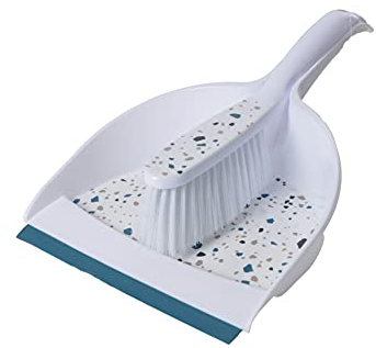 Homéa, Pelle et Balayette Plastique avec Rebord en Gomme Terrazzo, Bleu Paon