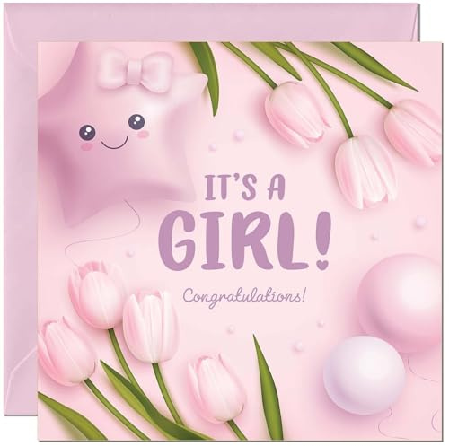 Nytt babykort – 'It's a Girl' – babyshower grattiskort för flickor 145 x 145 mm