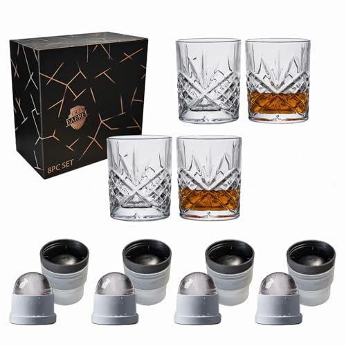 OLD BARREL Whiskey Glasses Set of 8 (4 Glasses with 4 Ice Ball Molds) 10oz Old Fashioned Crystal Glasses Gift Box – Bourbon, Scotch, Cocktail Rocks Glas – Gifts for Men, Dad, Birthday, Christmas Gift