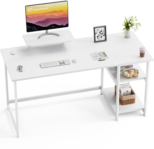 GreenForest Schreibtisch 140cm - Bürotisch mit Stauraum und Monitorständer für Home Office, Reinweiß