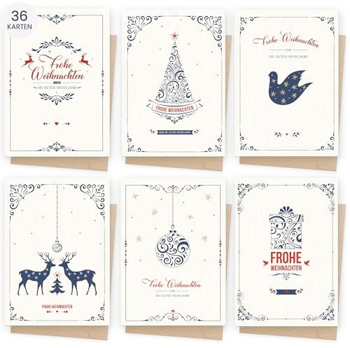 AmzLinkal 36 Weihnachtskarten mit Umschlag set, A6 Christmas Falzkarten mit Einzigartigem Spruch, Neujahrskarten 2025 für Familie, Freunde, Kollegen & Geschäftskunden