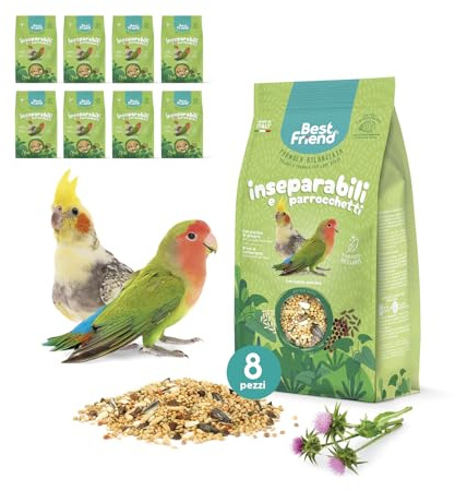 Best Friend Mangime Completo per Inseparabili e Parrocchetti Mangime per gli uccelli con Cardo Mariano. Ingredienti Naturali, Qualità 100% Made in Italy | Confezione da 8 pacchi