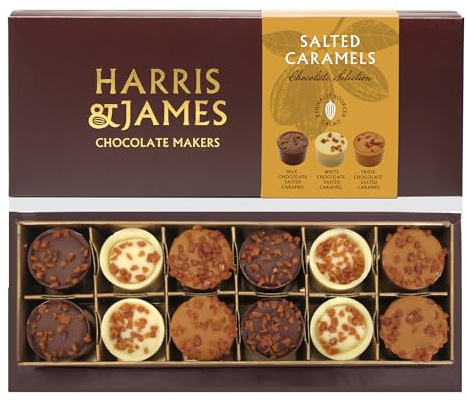 Harris & James Salted Caramels Collection 12 Piece Selection Box. Handmade Luxury Chocolates. White, Milk & Caramelised Chocolate Triple Salted Caramel 180g