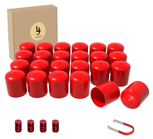 LILJUECE Lug Nut Covers- 24PCS 21-23mm Inner Flexible Fit Anti-Skid Treatment Wheel Lug Nut Cap with Removal Clip and 4 Tire Valve Stem Caps (Red)
