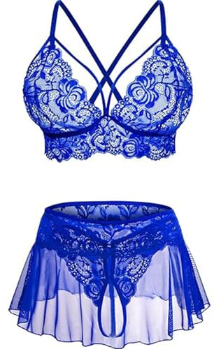 JFAN Conjunto Lencería para Mujer 3 Piezas Transparente Cuello en V de Encaje Mini Babydoll Floral Conjunto de Push Up Sujetador y Tanga，Azul Talla única