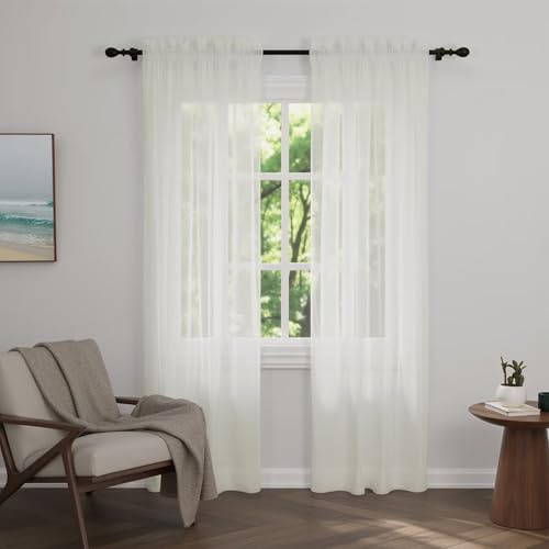 Zdada Net Curtains for Windows 90 Drop, Cream Voile Curtains 4 Panels | Slot Top Rod Pocket Semi Transparent Sheer Curtain Short Light Filtering Net Curtain for Living Room Kitcken W60 x L90 Inch