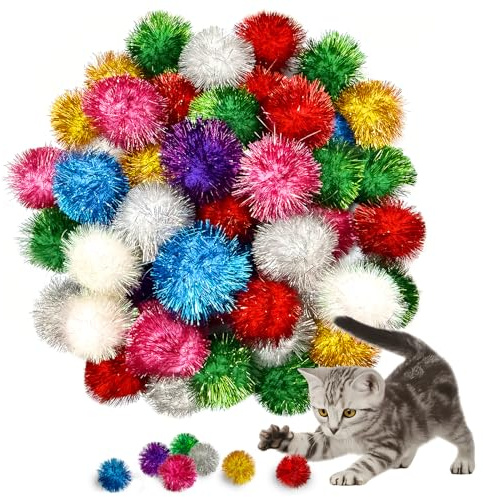 Eerrhhaq 50 Pcs 2 Inch Large Assorted Cat Pom Pom Toy Balls | Sparkle Ball for Indoor Cats,Interactive Glitter Cat Toys for Exercise and Entertainment