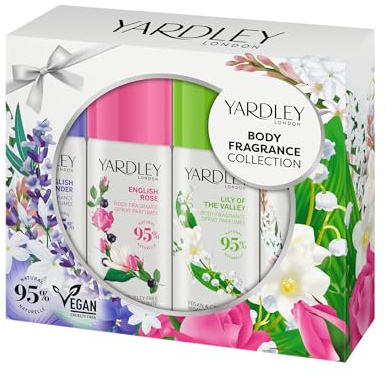 Yardley London Body Spray Collection, moderno classico, confezione da 4 pezzi, rosa inglese, lavanda, gelsomino e mughetto, set da donna deodorante spray floreale