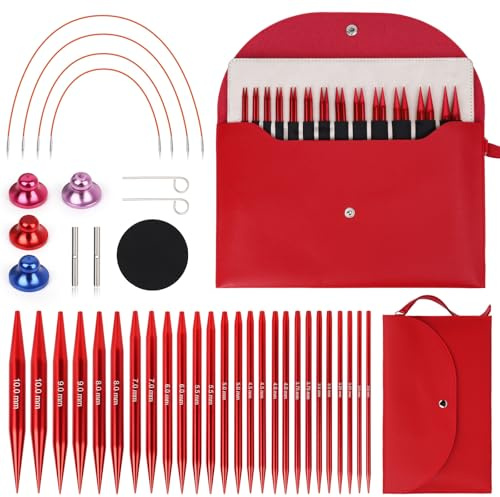 Coopay 13 Paires Aiguilles Circulaires Tricot Interchangeable, Aiguille à Tricoter en Aluminium de 3,0-10,0mm, Kit Tricot Debutant, Aiguille Circulaire Tricot pour Layette, Pull, Écharpe - Rouge