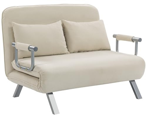 HOMCOM Canapé-lit 2 Places, Fauteuil Convertible avec Dossier réglable en 5 Positions, Chaise Longue avec 2 Coussins Inclus, canapé en revêtement Aspect suède déhoussable, 111x80x78cm, Beige