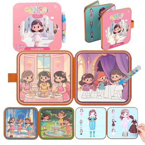 Flintosky Princesse Livre Coloriage Eau Fille Livre Habillage Réutilisable | 2-en-1 Livre Coloriage Eau, 4 pages, Jeu Habillage Princesse, fermeture auto-agrippante, réutilisable, fille 3 ans+