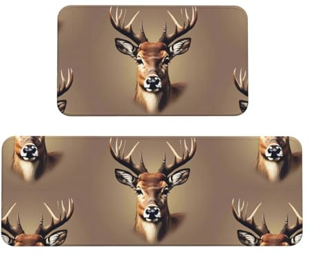 Deer Head Printing Kitchen Rugs Set of 2, Cushioned Anti-Fatigue Kitchen Mats for Floor, Waterproof Comfort Standing Mat Absorbent Velvet Kitchen Runner Rugs 17x30+17x47