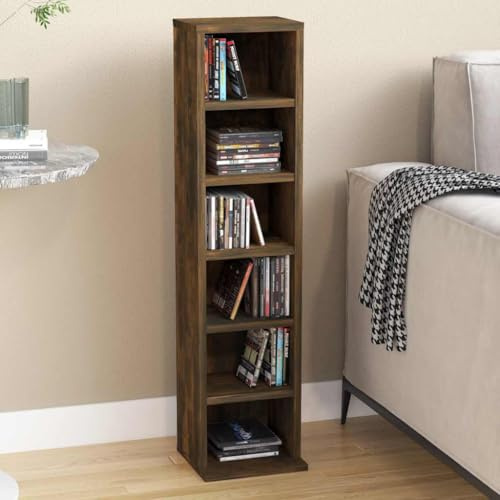 RuiNingRN Étagère CD en chêne fumé - 21 x 20 x 88 cm - Organiseur de rangement pour CD, DVD, médias, polyvalent dans le salon, home cinéma, TV, meuble bas, gestion des câbles, rangement stable