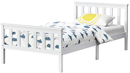 [en.casa] Holzbett mit hohem Kopfteil und Lattenrost 100x200 cm Jugendbett Gästebett Bettgestell Kiefernholz Weiß