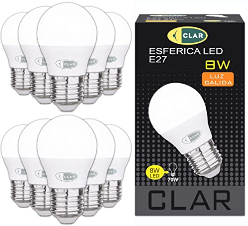 CLAR - Bombilla LED E27 Luz Cálida, Bajo Consumo, Pequeña, 40W Equivalente, G45, 8W (Pack 10)