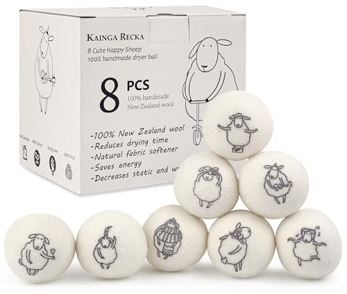 Wool Dryer Balls, 8PCS Dryer Balls with Happy Sheep - Natural & Organic, 100% New Zealand Wool Handmade, Chemical-Free Reusable Laundry Balls, Anti-Static Reduce Wrinkles and Save Time