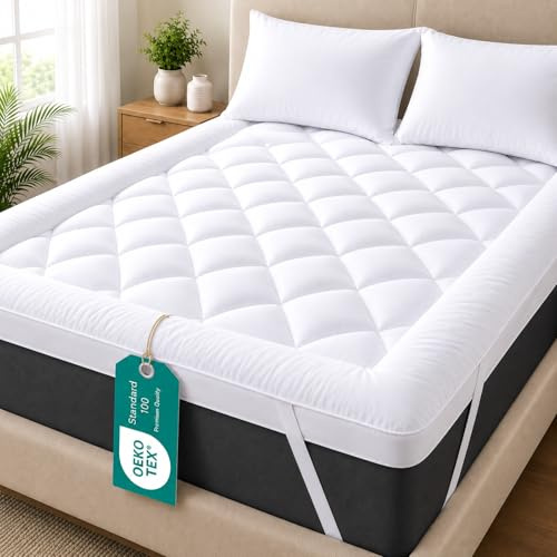 Linens World Mattress Topper Double Bed 10cm Thick, Quilted Super Soft Microfiber Topper, 1200GSM Hollow Fiber Fill, Breathable & Washable with Strong Elastic Straps for Extra Comfort (137×190cm)