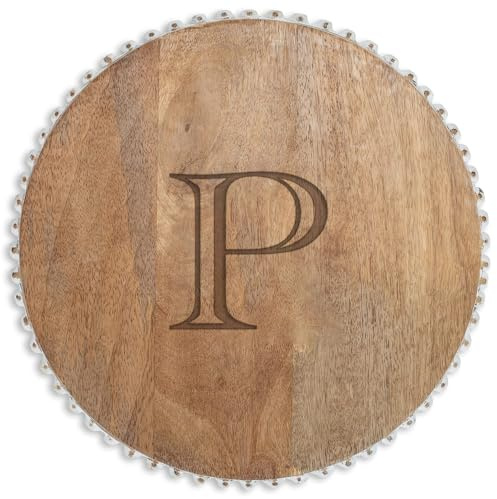 Mary Square Monogrammed P Rustic 12 inch Mango Beaded Round Serving Cutting Cheese Board