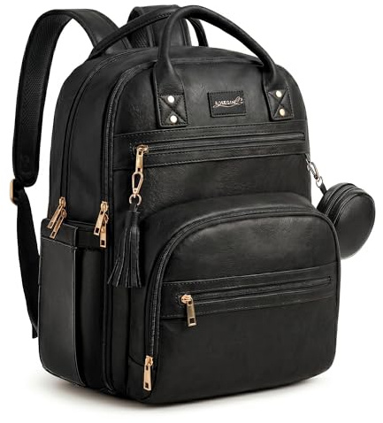 ROSEGIN Vegan Leather Baby Changing Bag Backpack, Large Waterproof Nappy Baby Bag for Mum & Dad – Multifunction Diaper Bag with Changing Mat, Buggy Clips & Dummy Holder, Black