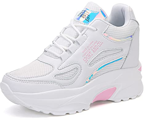 AONEGOLD Baskets Femme Compensées Chaussure de Sport Gym Fitness Plateforme Mode Léger Sneakers Outdoor Casual Chaussures Respirant Basket a Talon Compensé 7.5CM(Blanc Rose,Taille 33)