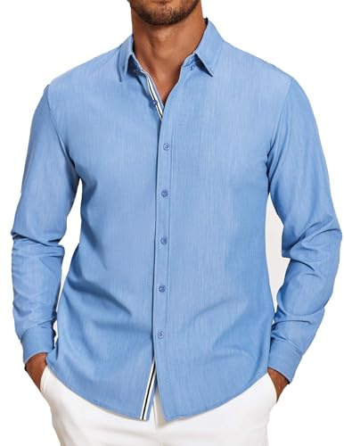 COOFANDY Men's Denim Button Down Shirts Long Sleeve Chambray Shirts for Men, Light Blue, Large