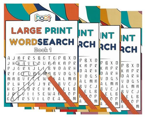 ihoot Pack of 4 Assorted A4 Large Print Word Search Books for Adults | Travel Games Puzzle Books for Adults | Word Games and Word Puzzles, Gifts for Partially Sighted People