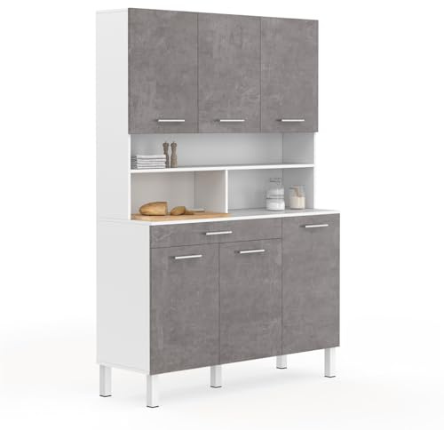 IDMarket - Buffet de Cuisine 120 CM CINA 6 Portes + tiroir Blanc et Effet béton