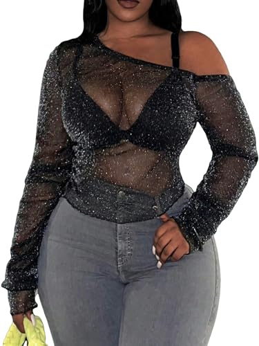 SOLY HUX Women's Plus Size T Shirts See Through Sheer Tops Off The Shoulder Long Sleeve Sexy Sparkly Tee Pure Black 1XL