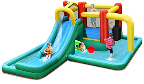 LIFEZEAL Château Gonflable Aquatique, Structure Gonflable avec 2 Toboggans, Zone de Saut, Piscine, Mur Escalade, Intérieur ou Extérieur, pour Enfants 3-10 Ans, 470x370x190 cm (sans souffleur)