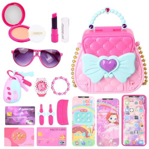 Litinliv Schminktasche für Mädchen, Handtasche für Kinder mit Handy Autoschlüssel Handy Schminkspielzeug und mehr, Make Up Spielzeug, Kinderschminke Set für ab 3 Jahren Kinder, Geschenk für Mädchen