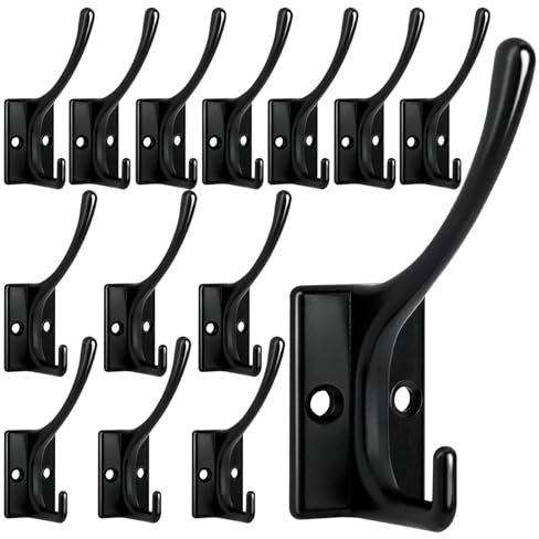 Homanu 14 Pack Coat Hooks, Heavy Duty Coat Hooks Wall Mounted with 28 Screws, No Rust Double Hooks Black Wall Hooks for Hanging Towel, Coat, Scarf, Bag, Hat, Cup, Key