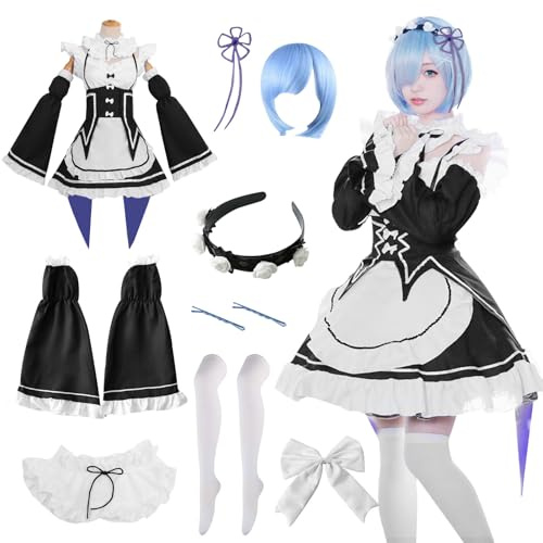 YushengTai Maid Outfit Noir et Blanc, Costume Classique Cosplay Anime Costume, Rem Maid Costume avec Perruque Bleue, Costume de Carnaval pour Fête de Noël Halloween, M