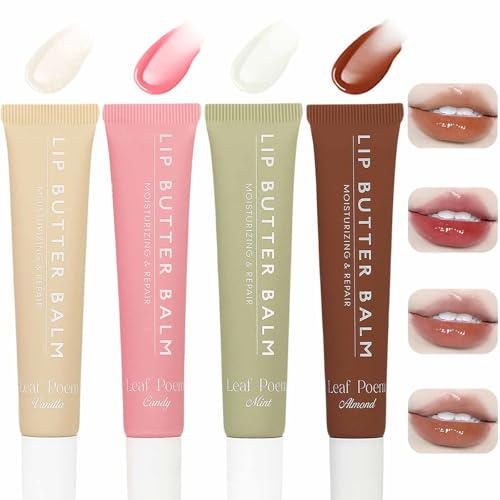 4 Farben Glänzend Lip Butter Balm Lipgloss Wasserfest Langanhaltend Feuchtigkeitsspendender und Pflegender Nährender,Reparierender,Glänzender Anti-Riss-Lippenglanz für Frauen